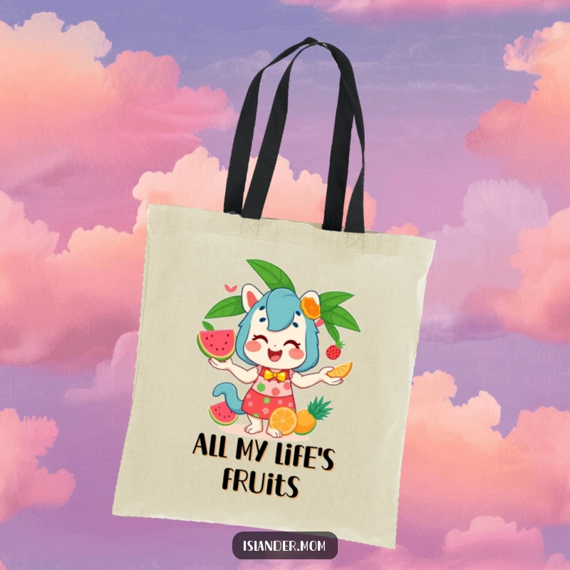 Funny Tote Bag illustrated with an islander mom animal juggling exotic tropical fruits, showcasing her vibrant and capable nature.