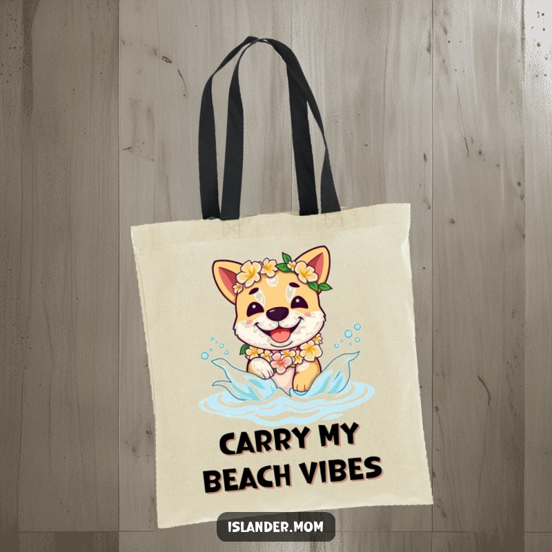 Funny tropical dog tote bag featuring a smiling dog in a lei splashing in waves, ideal for beach trips and everyday use.