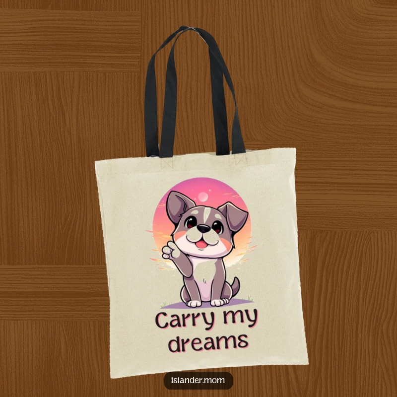 Funny dog looking towards a vibrant sunset with a look of wonder, scenic tote bag for dog lovers, outdoor adventure.