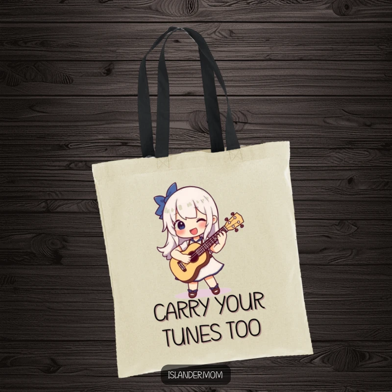 Funny tote bag showcasing a character gleefully strumming a ukulele, perfect for carrying music gear and smiles.