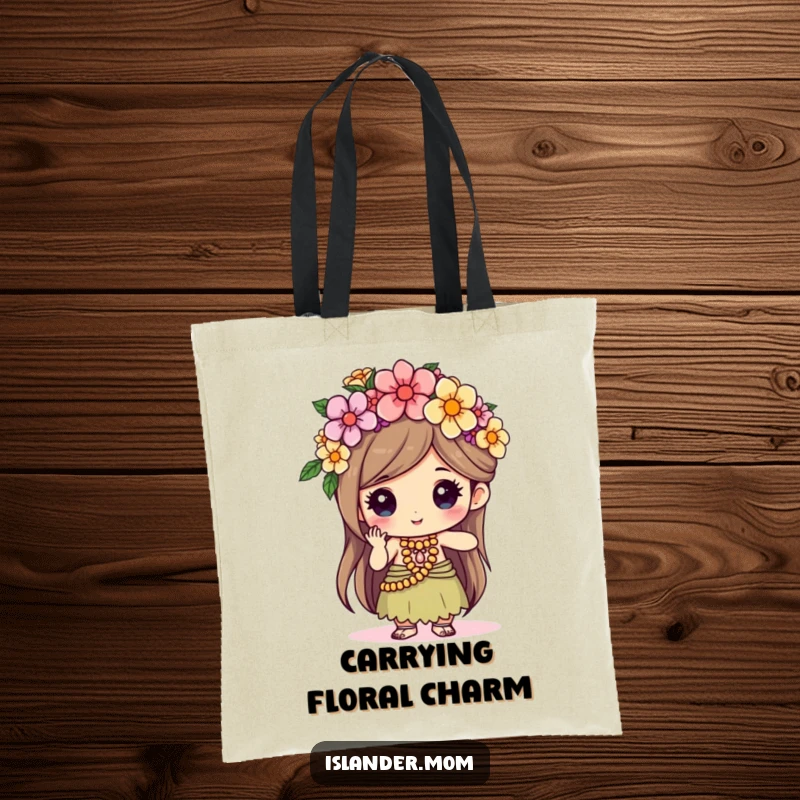 Funny kawaii islander character carrying a tote bag, diligently weaving a flower crown with focused delight and artistic precision.