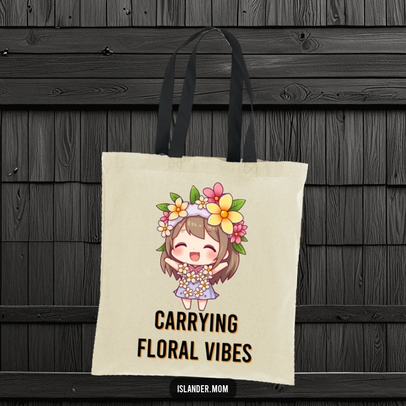 Funny tote bag featuring a character hilariously balancing a flower lei on their head, perfect for carrying essentials with a tropical flair.