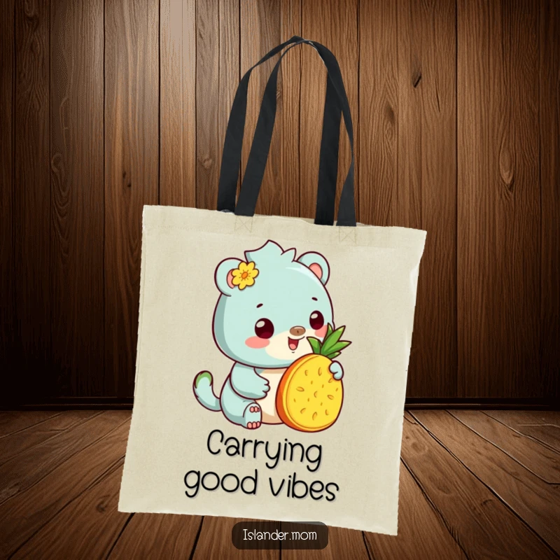 Funny Tote Bag: Sturdy bag with a kawaii islander animal offering pineapple, ideal for beach trips and everyday use.