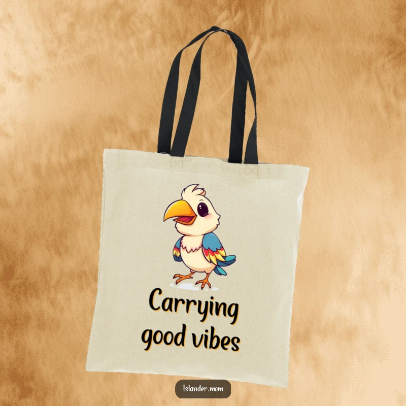 Funny playful bird tote bag, showing a bird doing a colorful shimmy, perfect for shopping and daily adventures.