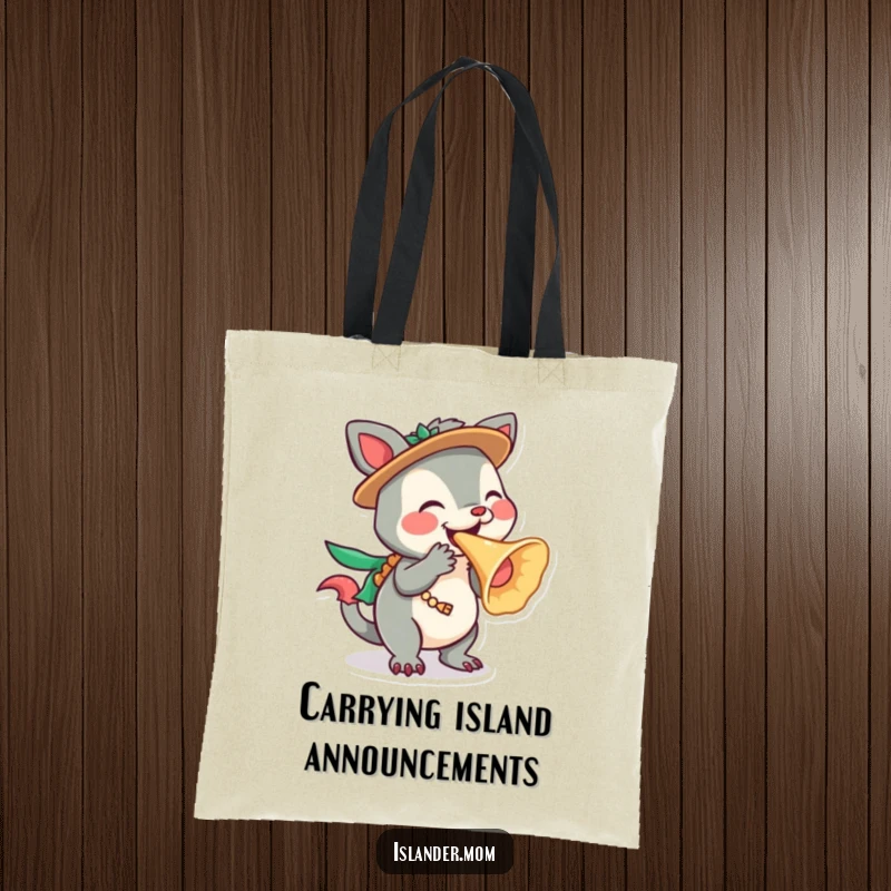 Funny Islander Animal Tote Bag showcasing a character playfully blowing a conch shell, perfect for carrying tropical essentials, a funny gift.