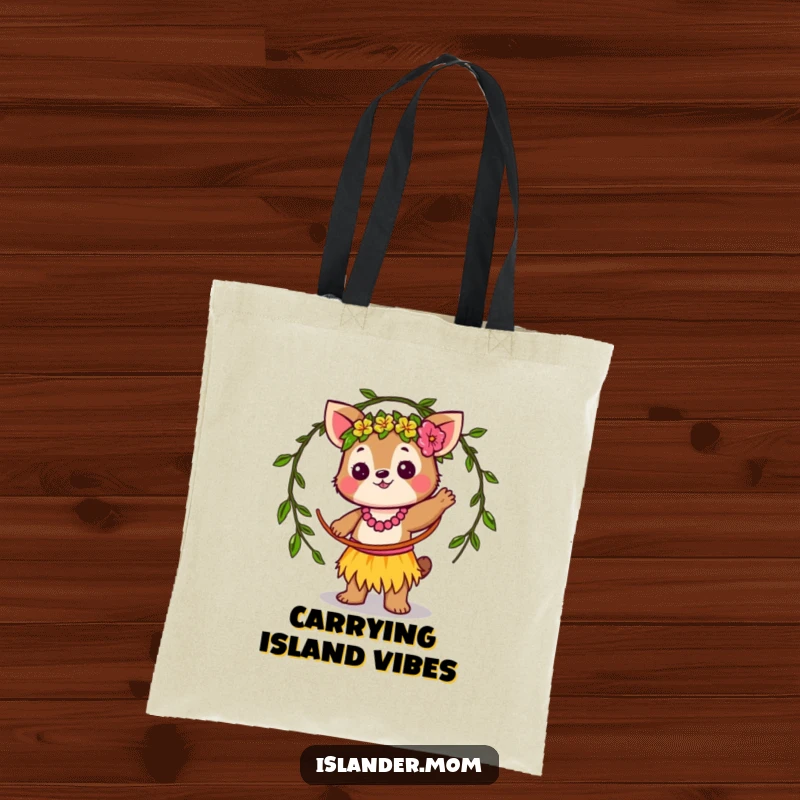 Funny Tote Bag: Charming kawaii islander animal happily hula hooping with a vine hoop, showcasing playful tropical energy.
