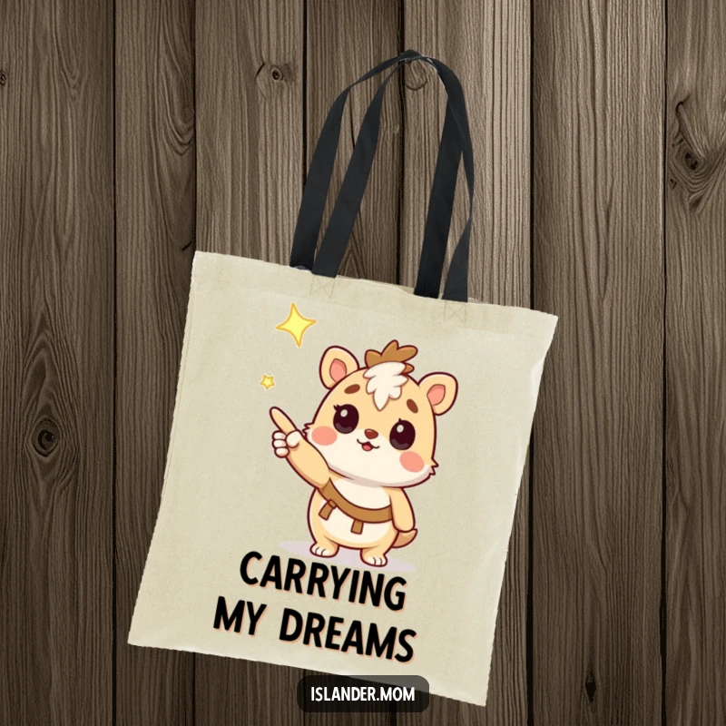Funny Tote Bag: Charming kawaii islander animal character pointing at a bright star with a curious and hopeful gaze.