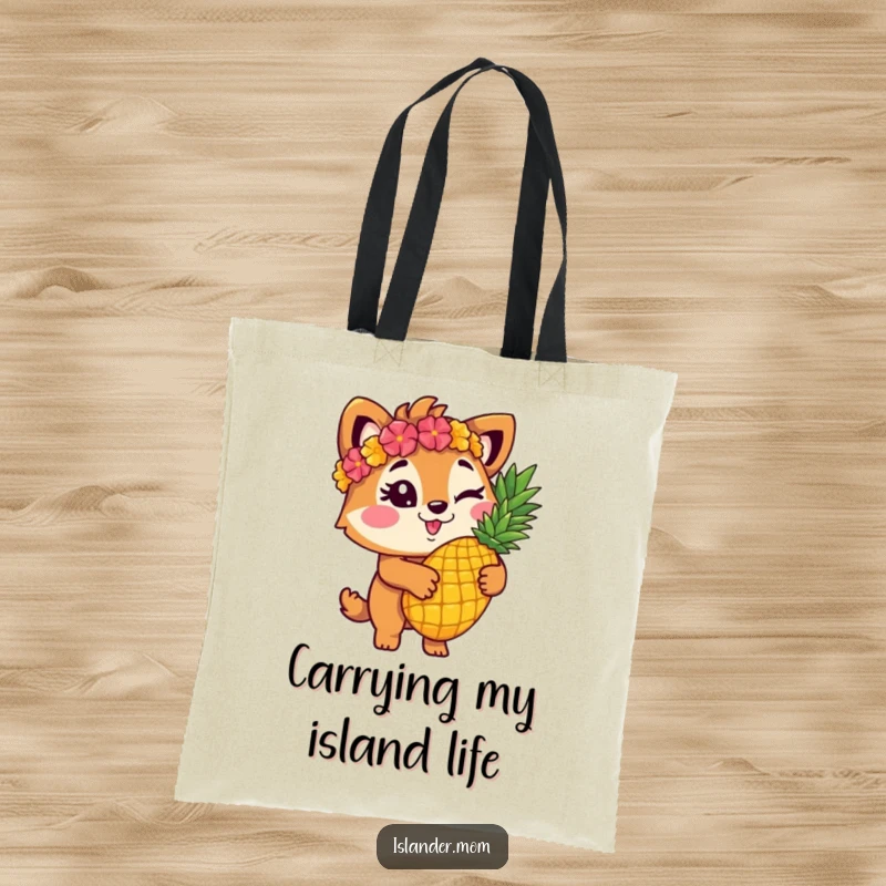 Funny islander animal character winking and holding a pineapple on a durable tote bag, perfect for shopping trips.
