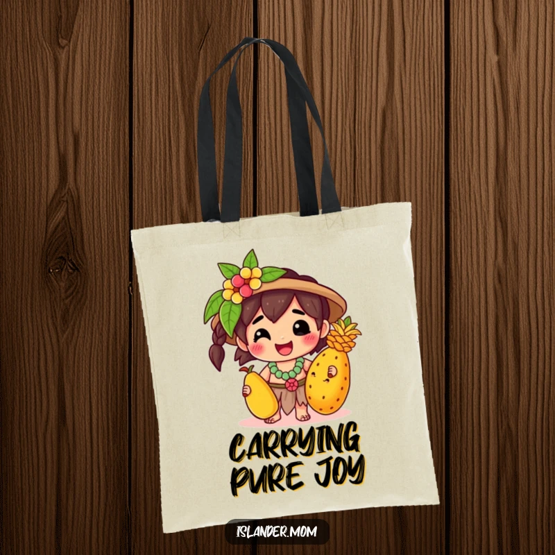 Funny Tote Bag: A kawaii islander character beams, holding a tropical fruit, ready for market trips or beach days with a smile.