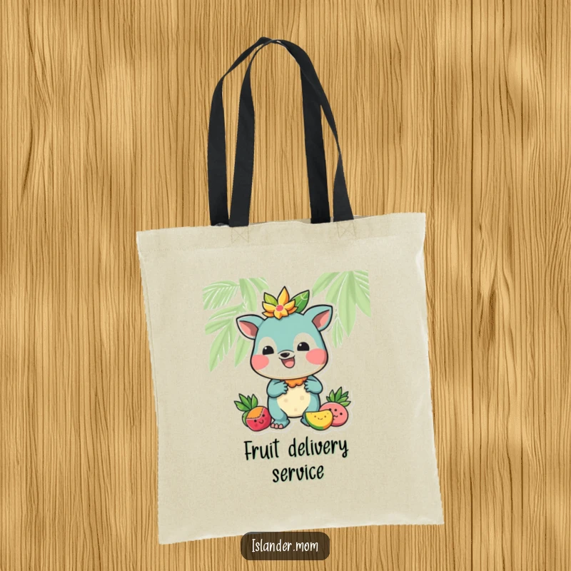 Funny tote bag showcasing a friendly island animal character offering a juicy tropical fruit, perfect for carrying goods.