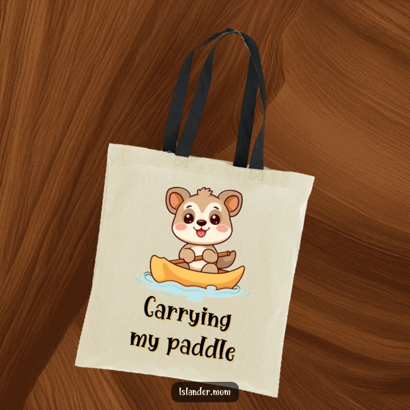Funny animal character paddling a canoe with a big, infectious smile, a humorous and practical tote bag for everyday use.