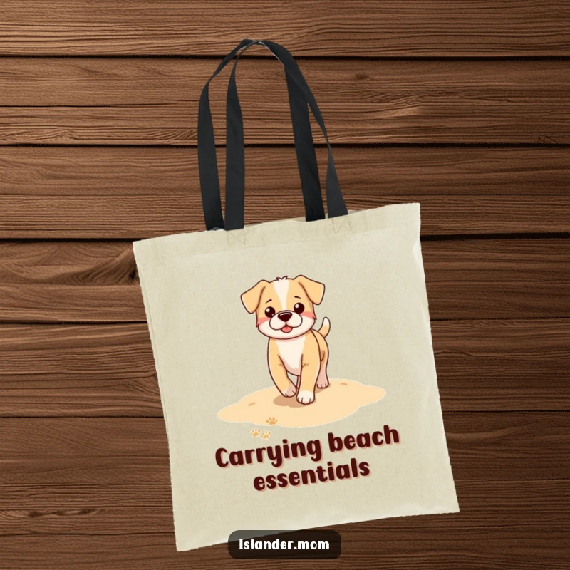 Funny dog tote bag illustration: a dog's paw prints are clearly visible on a sandy beach, symbolizing happy walks and ocean fun.