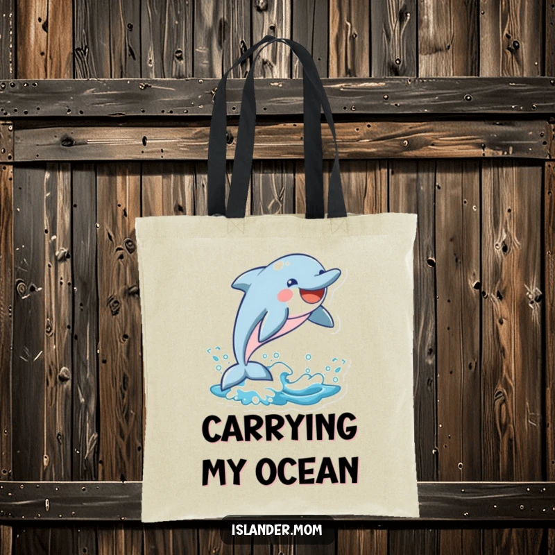Funny Dolphin Tote Bag: A joyful dolphin leaps from a wave, smiling widely, a perfect accessory for beach trips and errands.