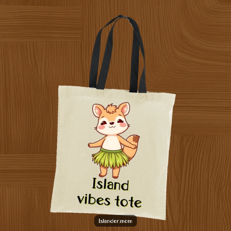 Funny tote bag showcasing a delightful animal character performing a lively sway in a grass skirt, perfect for carrying essentials with a smile.
