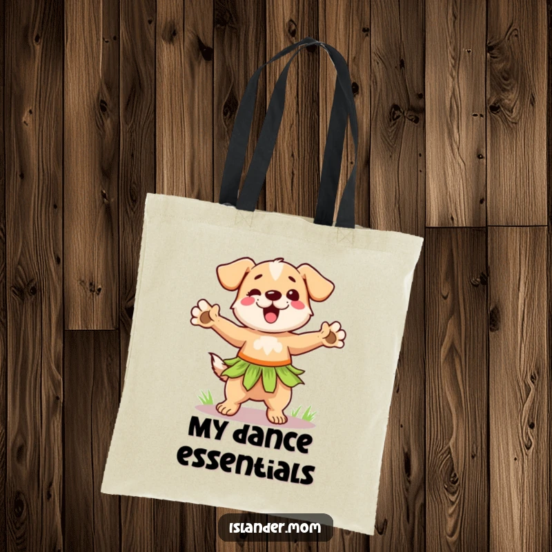 Funny hula dog tote bag featuring a dancing dog in a grass skirt, ideal for carrying groceries or beach gear.