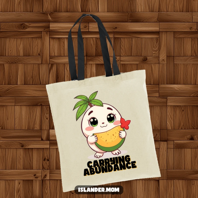 Funny round island creature tote bag, showing a creature with gentle eyes offering fruit, perfect for shopping and spreading joy.
