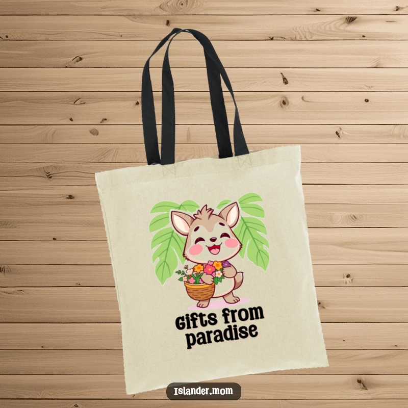 Funny Islander Animal Tote Bag: Durable tote with a smiling islander carrying flowers, functional and funny gift.