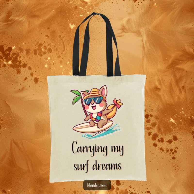 Funny Islander Animal Tote Bag showcasing a character cheerfully riding a small surfboard, perfect for carrying beach essentials, a funny gift.