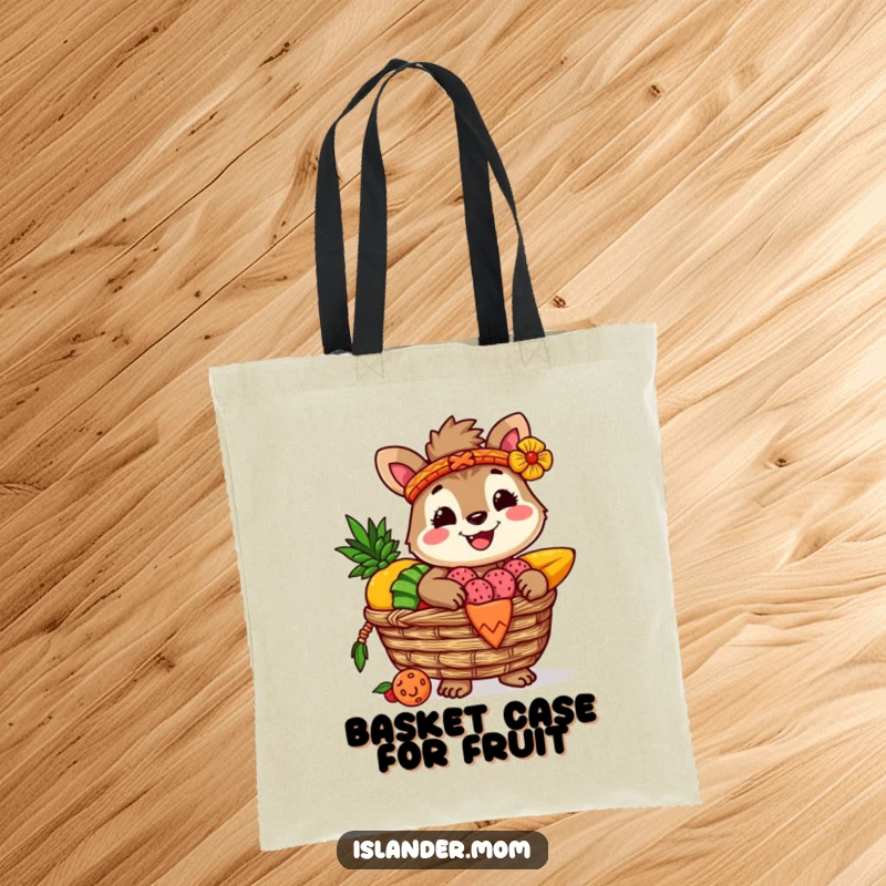 Funny tote bag illustrating a happy islander animal character with a large woven basket packed with a colorful variety of tropical fruits, ready for adventure.