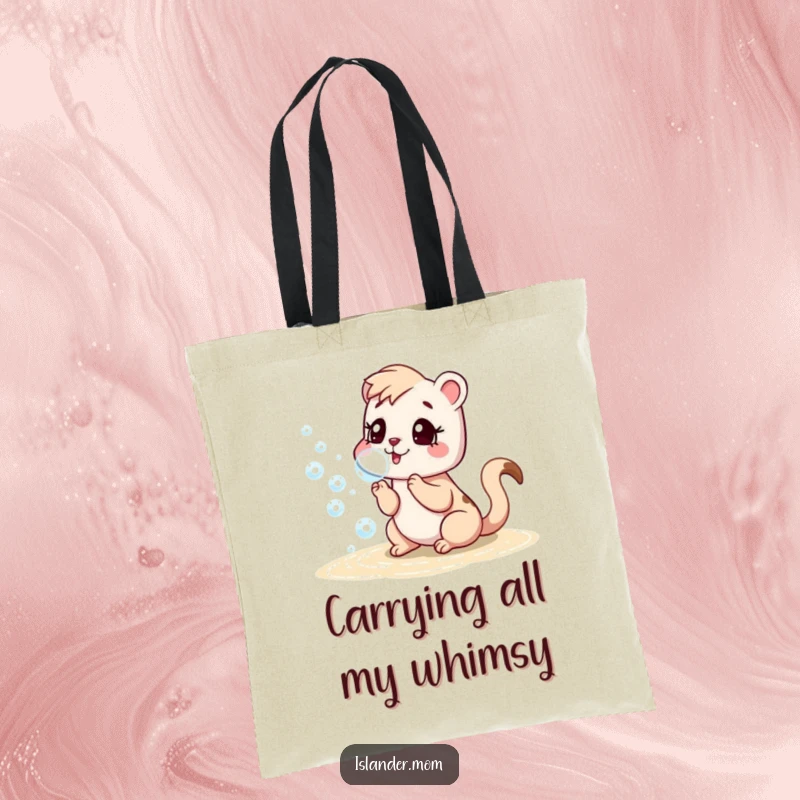 Funny tote bag with an islander mom animal blowing bubbles near a beach, perfect for carrying beach essentials.