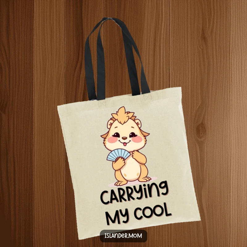Funny tote bag displaying an islander mom animal with a peaceful smile, fanning herself, perfect for beach trips.