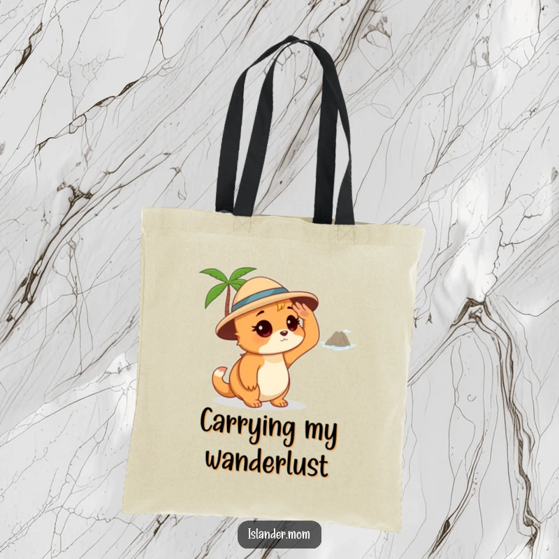 Funny Islander Mom Tote Bag, functional and stylish, showing an islander mom shading her eyes and looking at a distant island, great for shopping.