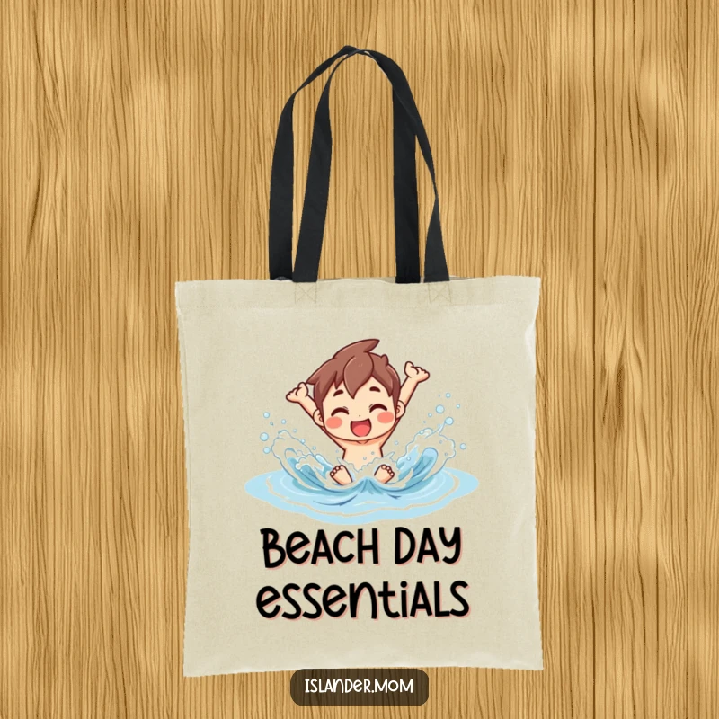 Funny Tote Bag showing an islander joyfully splashing in ocean waves, perfect for beach trips or everyday use.