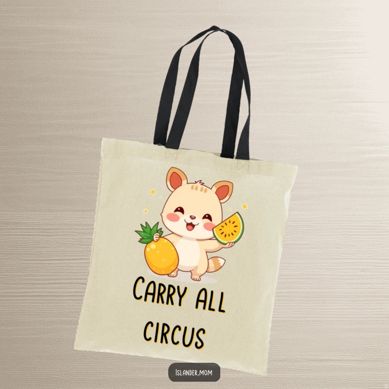 Funny tote bag illustrating a happy animal character juggling a colorful assortment of tropical fruits, perfect for carrying joy.