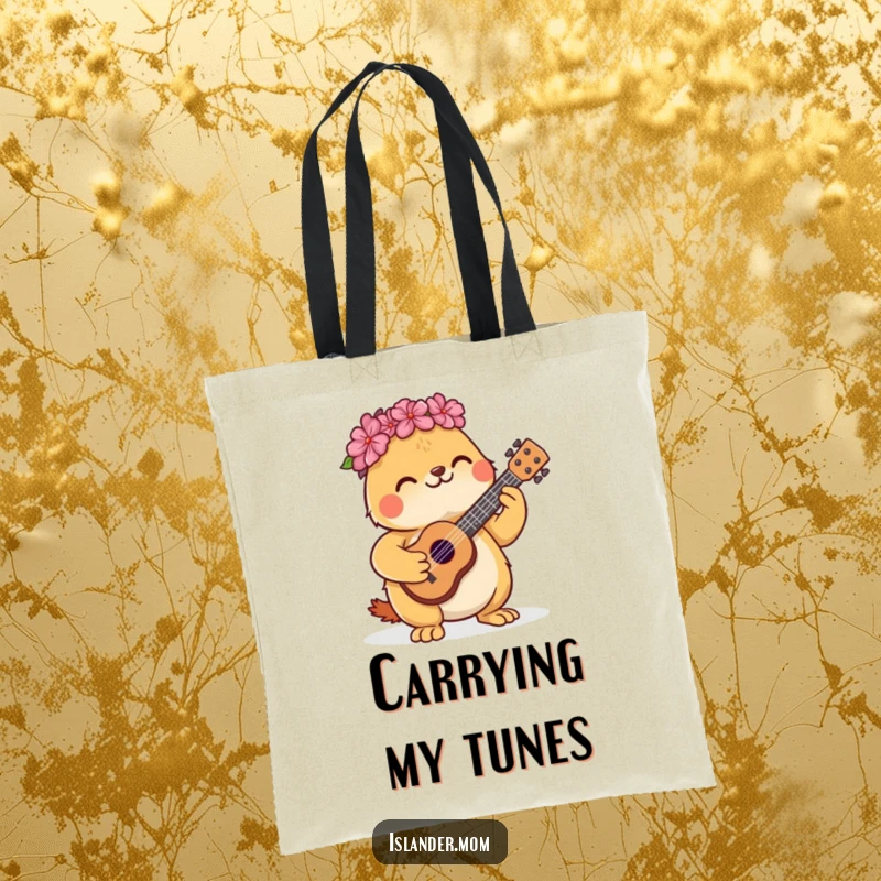 Funny tote bag with a cute kawaii islander animal happily playing a miniature ukulele.