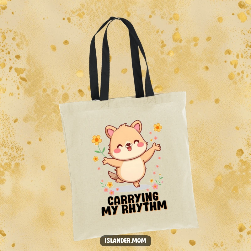 Funny Tote Bag: Sturdy bag with a kawaii islander animal dancing energetically amongst flowers, ideal for carrying items with a fun vibe.