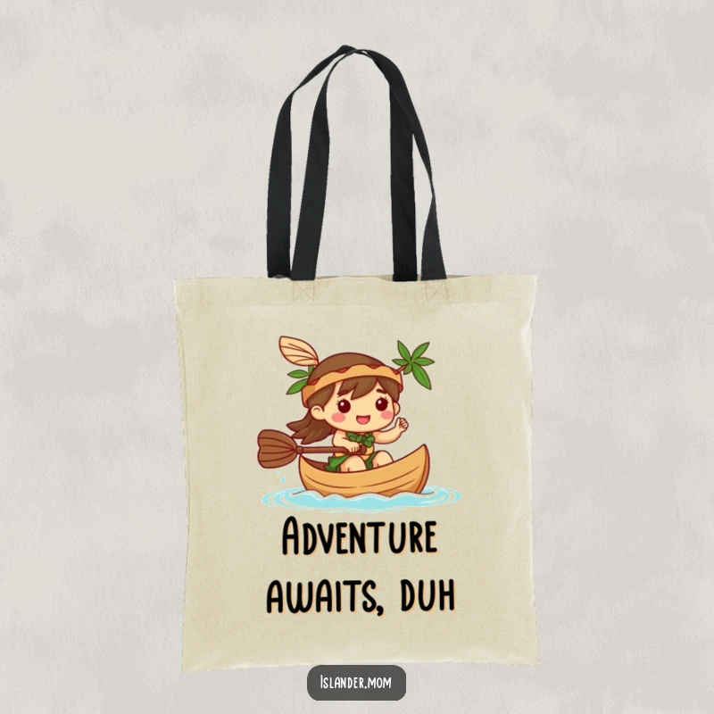 Funny Tote Bag: A kawaii islander character happily paddles a canoe, perfect for market runs or beach trips with a cheerful wave.