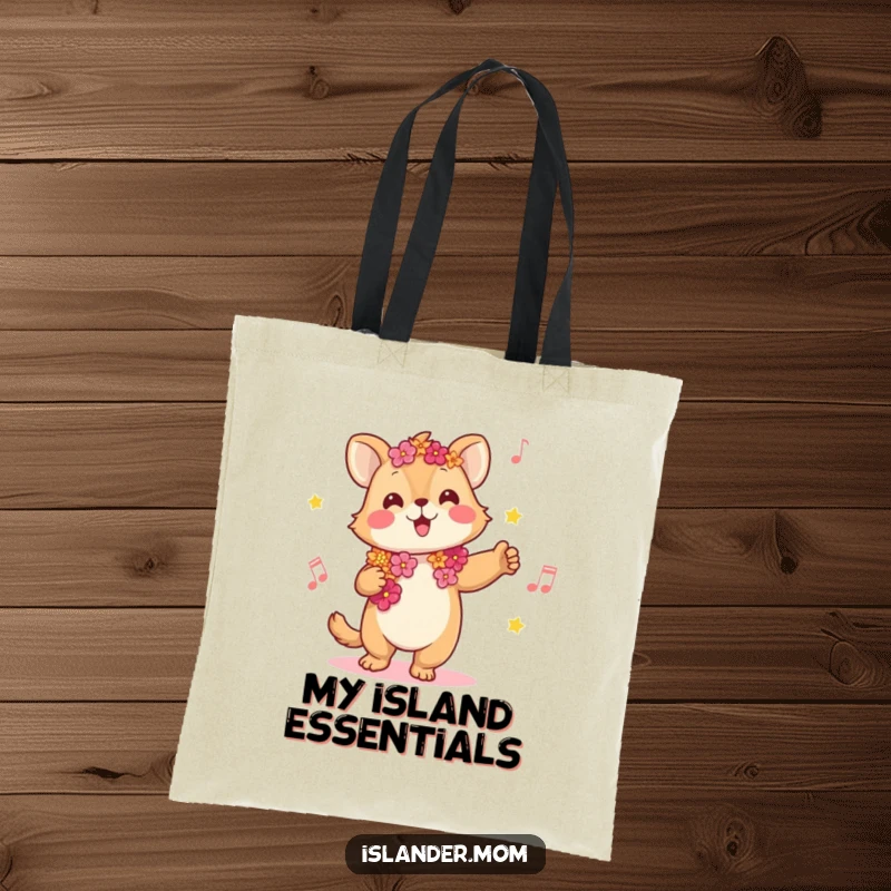 Funny tote bag featuring a joyful kawaii islander animal wearing a lei, swaying to music, perfect for carrying items with tropical humor.