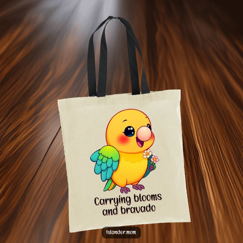 Funny Parrot Tote Bag: A smiling parrot with brilliant feathers clutches a small flower, a charming accessory for any outing.
