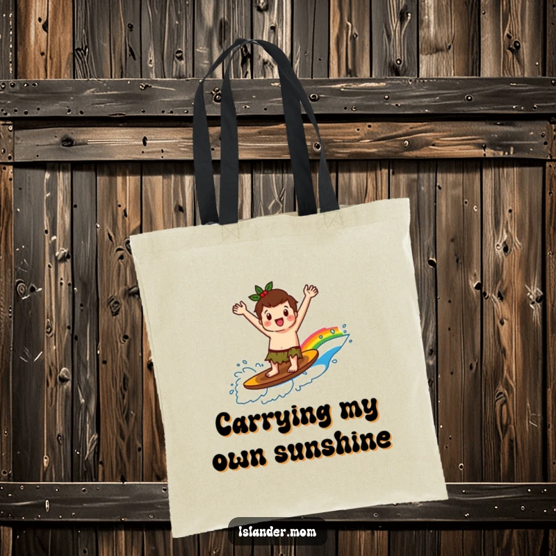 Funny kawaii islander character surfing a psychedelic rainbow wave, arms up in delight, depicted on a practical and stylish tote bag.