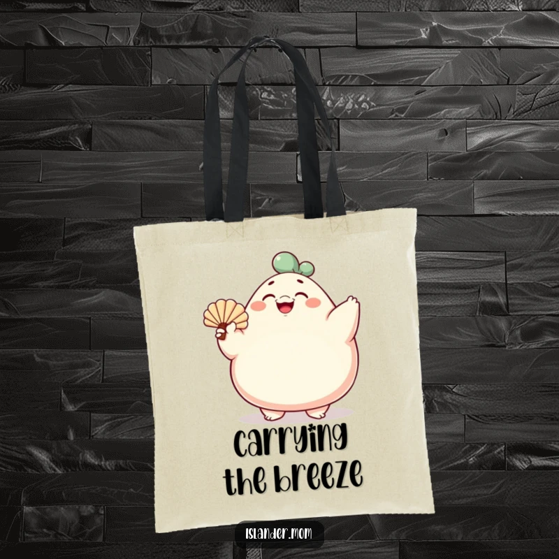Funny tote bag with a rotund character fanning with a shell, perfect for carrying items with a humorous, cheerful vibe.
