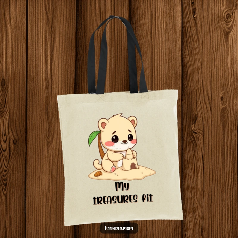 Funny tote bag featuring a kawaii islander animal with intense focus and delight building a small sandcastle.
