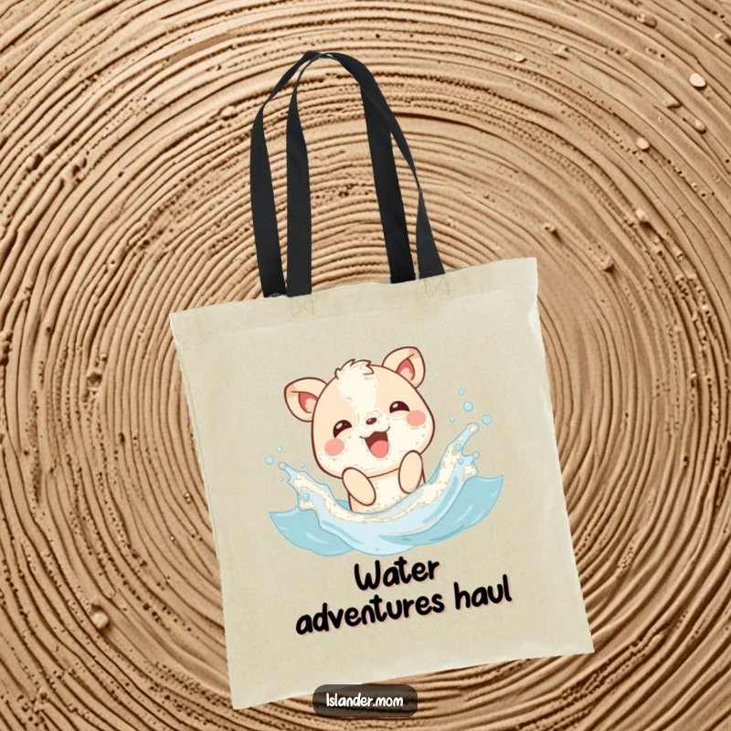 Funny tote bag depicting a happy animal character splashing playfully in gentle waves, perfect for carrying beach day essentials.