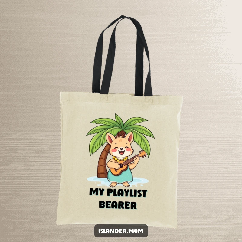 Funny Tote Bag designed with an islander mom animal joyfully playing a ukulele under a palm tree, perfect for music lovers.