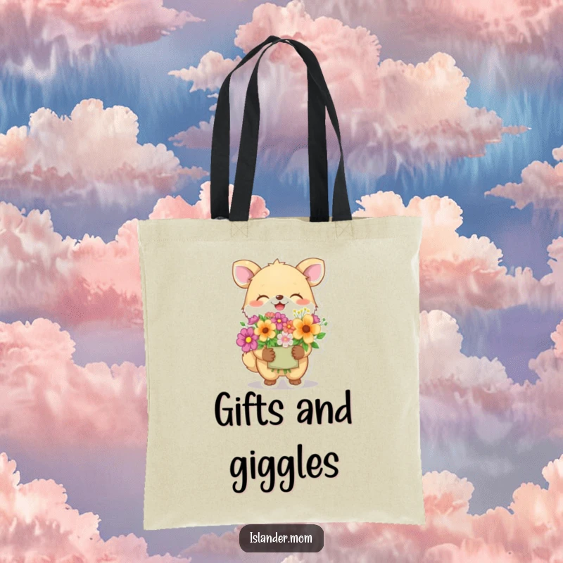 Funny animal character giggling and holding vibrant flowers, a humorous and practical tote bag for carrying gifts and essentials.