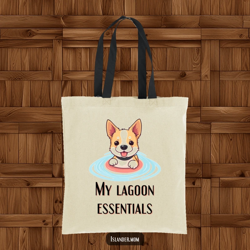 Funny paddling dog tote bag featuring an enthusiastic dog swimming in a blue lagoon, ideal for beach trips and errands.
