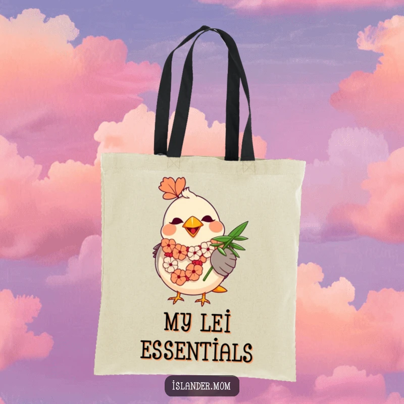 Funny Mama Bird Lei Tote Bag: A happy mama bird in a lei uses a palm leaf to fan herself in style.